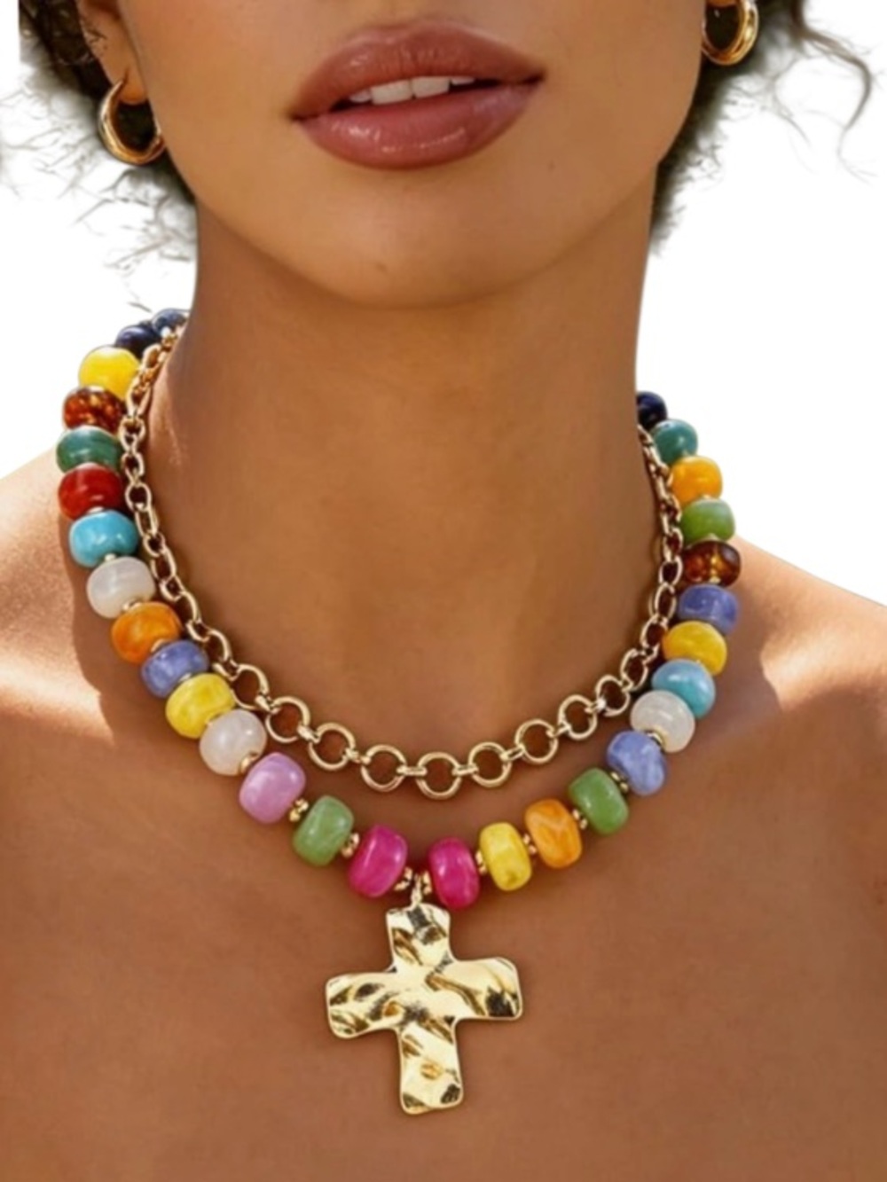 Gold Cross Double Pendant Necklace with Multicolor Beads. Chunky. Trendy.